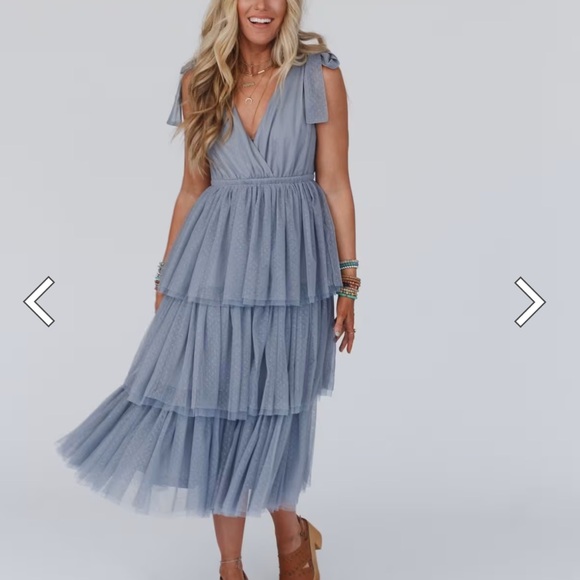 In Loom Gray Blue Tulle Tiered Midi Dress - Picture 3 of 11